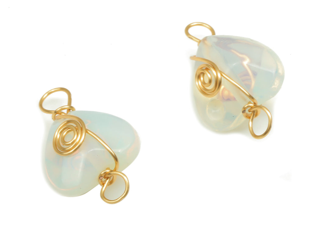 Opal Heart Earring Connector - Brass Wire Wrapped Heart Pendant - Faceted Natural Stone - Gold Tone Plating - 17.22x10.38x6.1mm - NS1864A - DOMEDBAZAAR
