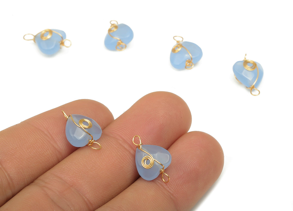 Glass Heart Connector - Brass Wire Wrapped Blue Glass Hearts Charm - Faceted Natural Stone - Gold Tone Plating - 17.22x10.38x6.1mm - NS1864C - DOMEDBAZAAR