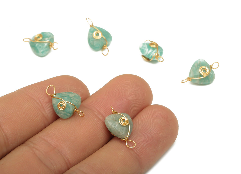 Aventurine Heart Earring Connectors - Brass Wire Wrapped Pendant - Faceted Natural Stone - Gold Tone Plating - 17.22x10.38x6.1mm - NS1864E - DOMEDBAZAAR