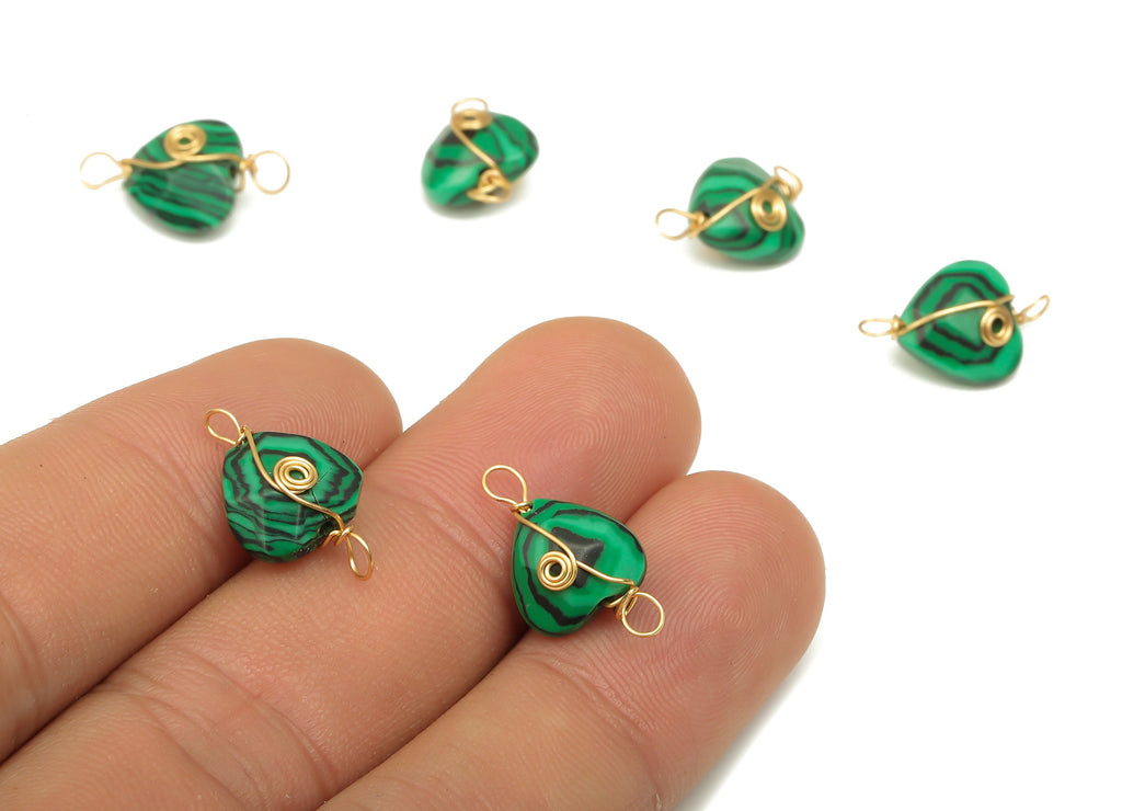 Malachite Heart Connectors - Brass Wire Wrapped Heart Pendant - Faceted Natural Stone - Gold Tone Plating - 17.22x10.38x6.1mm - NS1864H - DOMEDBAZAAR