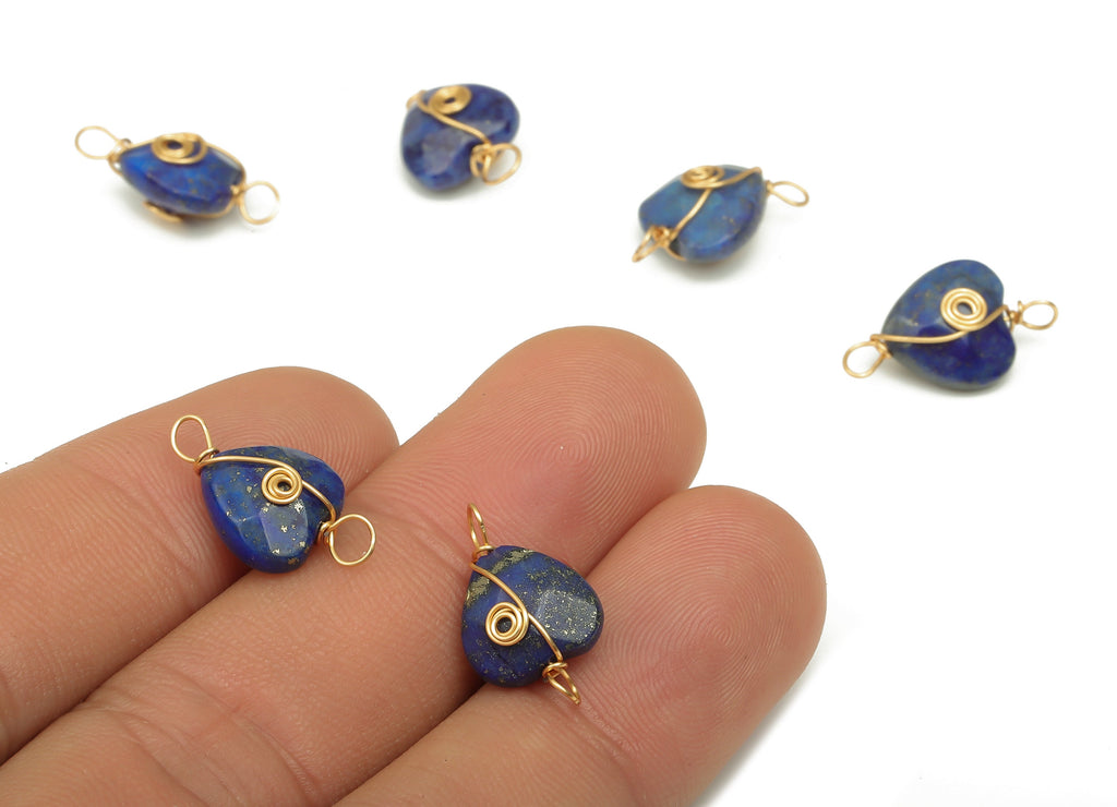 Lapis Lazuli Heart Earring Connector - Brass Wire Wrapped Pendant - Faceted Natural Stone - Gold Tone Plating - 17.22x10.38x6.1mm - NS1864K - DOMEDBAZAAR