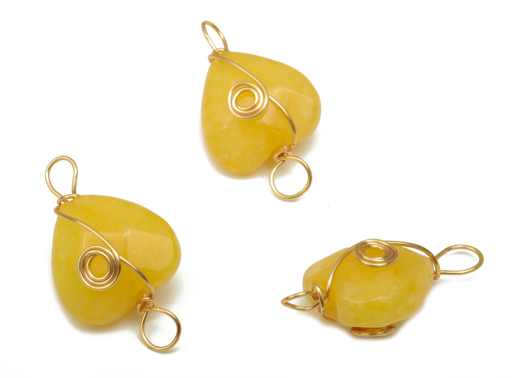 Yellow Jade Heart Earring Connector - Brass Wire Wrapped Pendant - Faceted Natural Stone - Gold Tone Plating - 17.22x10.38x6.1mm - NS1864L - DOMEDBAZAAR