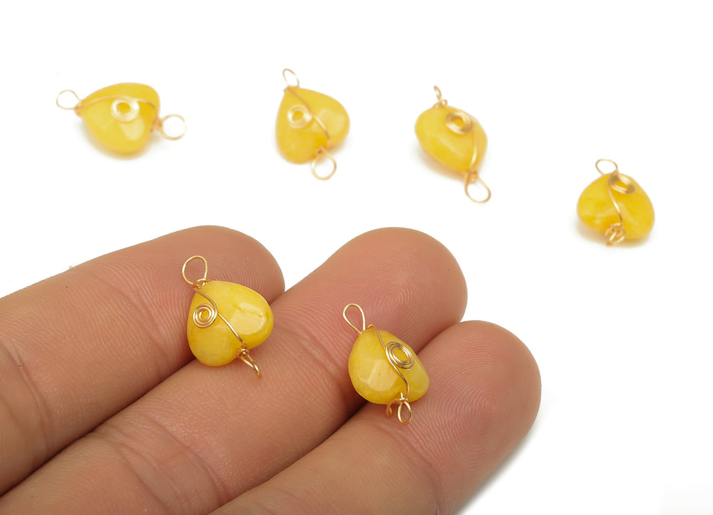 Yellow Jade Heart Earring Connector - Brass Wire Wrapped Pendant - Faceted Natural Stone - Gold Tone Plating - 17.22x10.38x6.1mm - NS1864L - DOMEDBAZAAR