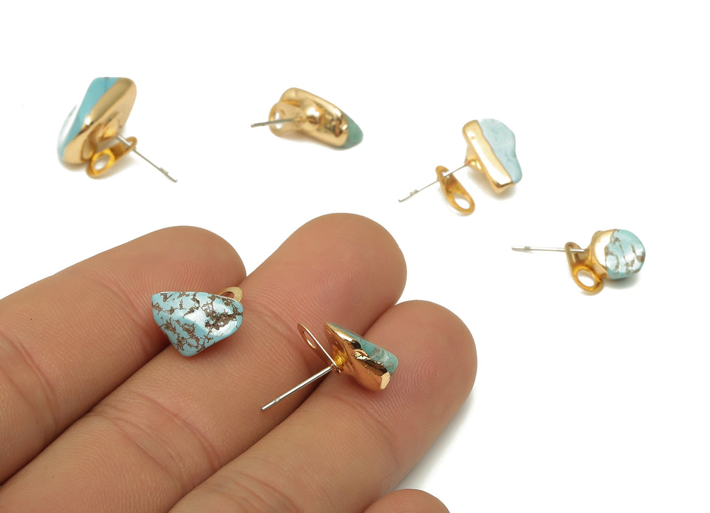 Turquoise Stud Earrings - Natural Stone Earring Posts With Loop - Gold Plated Stone - 316 Surgical Stainless Steel - 13.1x9.8x8.6mm-NS1762YS - DOMEDBAZAAR