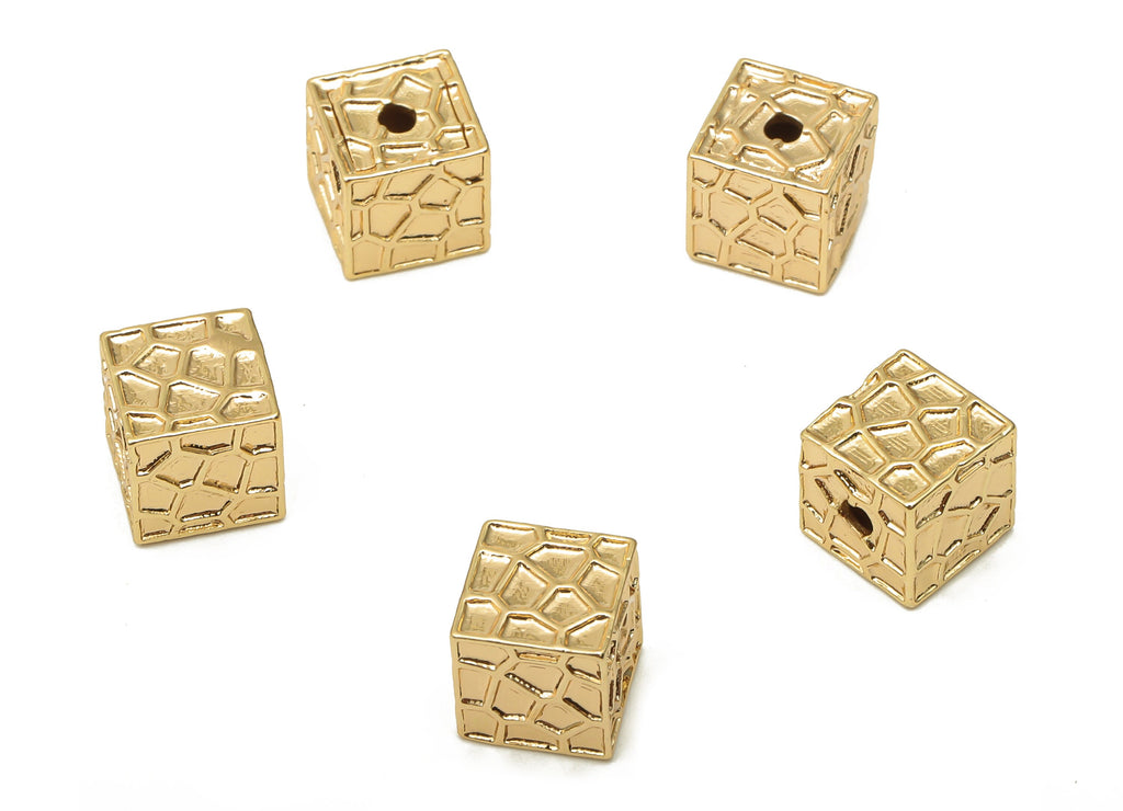 Brass Cubic Beads Earrings - Gold Plated Cubic Beads - Textured Cube For Bracelet - 18K Real Gold Plated Brass - 8.02x8.02x8.02mm - RGP5064 - DOMEDBAZAAR