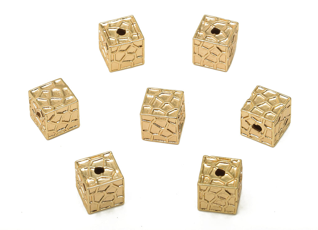 Brass Cubic Beads Earrings - Gold Plated Cubic Beads - Textured Cube For Bracelet - 18K Real Gold Plated Brass - 8.02x8.02x8.02mm - RGP5064 - DOMEDBAZAAR