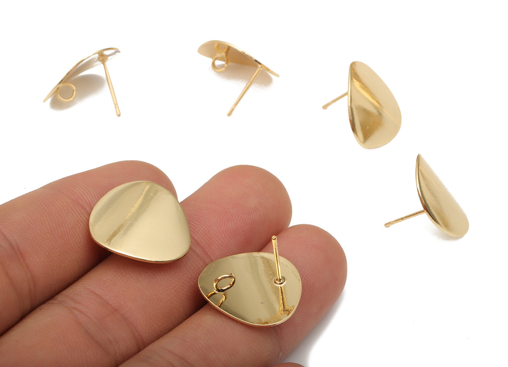 Brass Curved Drop Earring Posts - Brass Teardrop Earring With Loop - Stainless Steel Stud - 18K Real Gold Plating -18.9x17.95x0.6mm -RGP5155 - DOMEDBAZAAR