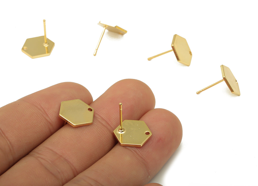 Brass Hexagon Earring Post - Brass Hexagon Stud - Geometric Stud - Stainless Steel Stud - 18K Real Gold Plated - 11.45x11.45x0.92mm -RGP5158 - DOMEDBAZAAR