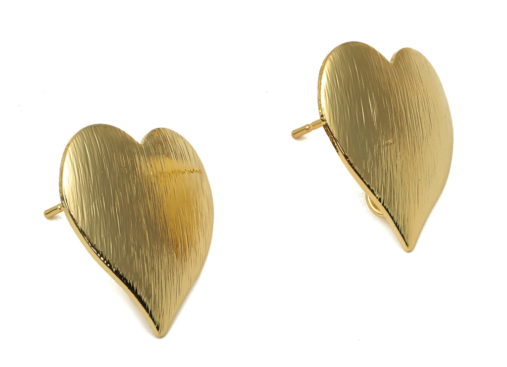 Brass Heart Earrings Post - Textured Curved Heart Earring With Loop - Stainless Steel Stud - 18K Real Gold Plating -19.6x19.2x1.4mm -RGP5168 - DOMEDBAZAAR