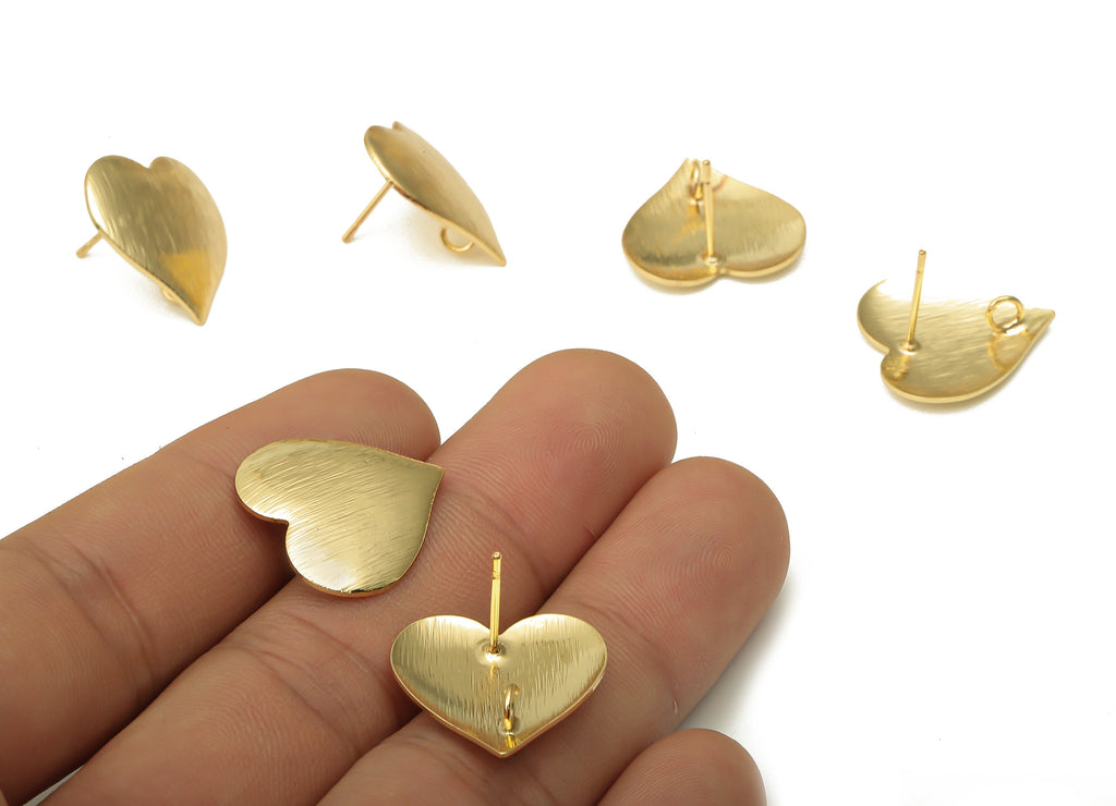 Brass Heart Earrings Post - Textured Curved Heart Earring With Loop - Stainless Steel Stud - 18K Real Gold Plating -19.6x19.2x1.4mm -RGP5168 - DOMEDBAZAAR