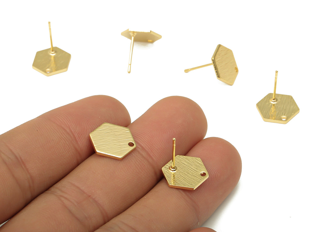 Brass Hexagon Earring Post - Brass Hexagon Stud - Stainless Steel Stud - 18K Real Gold Plated - Geometric Stud - 11.15x11.15x1mm - RGP5181 - DOMEDBAZAAR