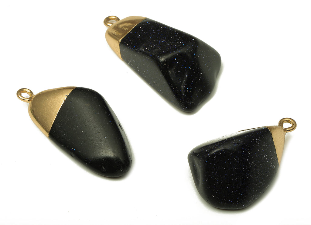 Natural Stone Earrings - Brass Faceted Blue Sand Earring Charm - Blue Sandstone Pendant - Gold Tone Plating - 31.78x14.34x8.03mm - NS1865E - DOMEDBAZAAR