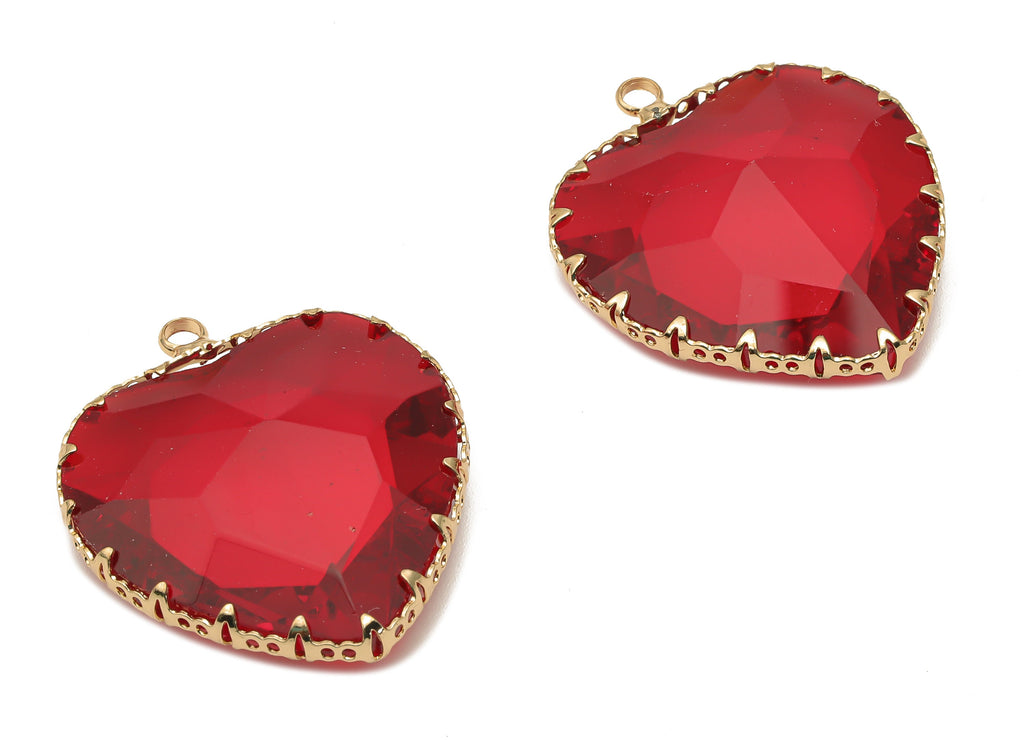 Faceted Glass Heart Charms - Red Glass Heart Charm With Loop - Gold Tone Plated Brass Pendant - Modern Jewelry -31.04x27.94x9.64mm - GS1149C - DOMEDBAZAAR
