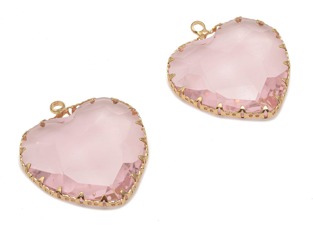 Faceted Glass Heart Charms - Pink Glass Heart Charm With Loop - Gold Tone Plated Brass Pendant - Modern Jewelry -31.04x27.94x9.64mm -GS1149F - DOMEDBAZAAR