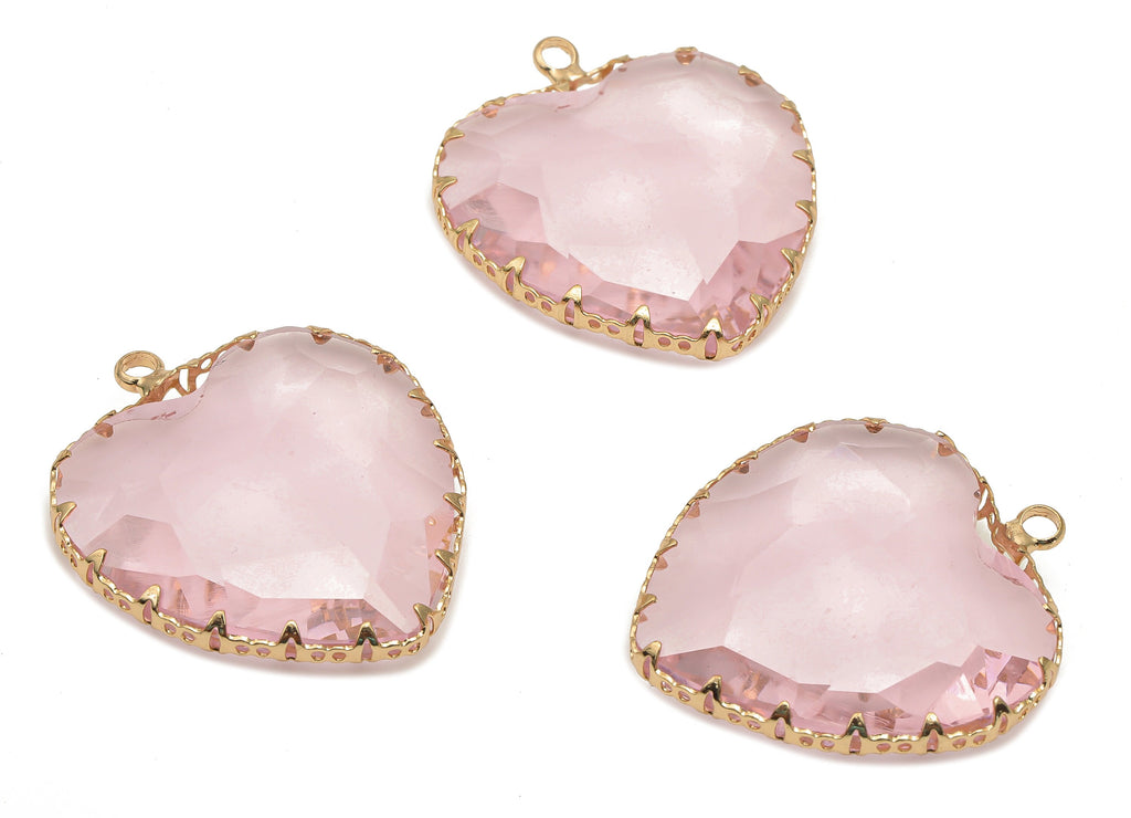 Faceted Glass Heart Charms - Pink Glass Heart Charm With Loop - Gold Tone Plated Brass Pendant - Modern Jewelry -31.04x27.94x9.64mm -GS1149F - DOMEDBAZAAR
