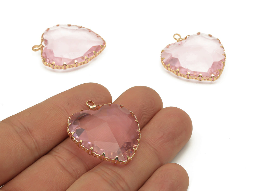 Faceted Glass Heart Charms - Pink Glass Heart Charm With Loop - Gold Tone Plated Brass Pendant - Modern Jewelry -31.04x27.94x9.64mm -GS1149F - DOMEDBAZAAR