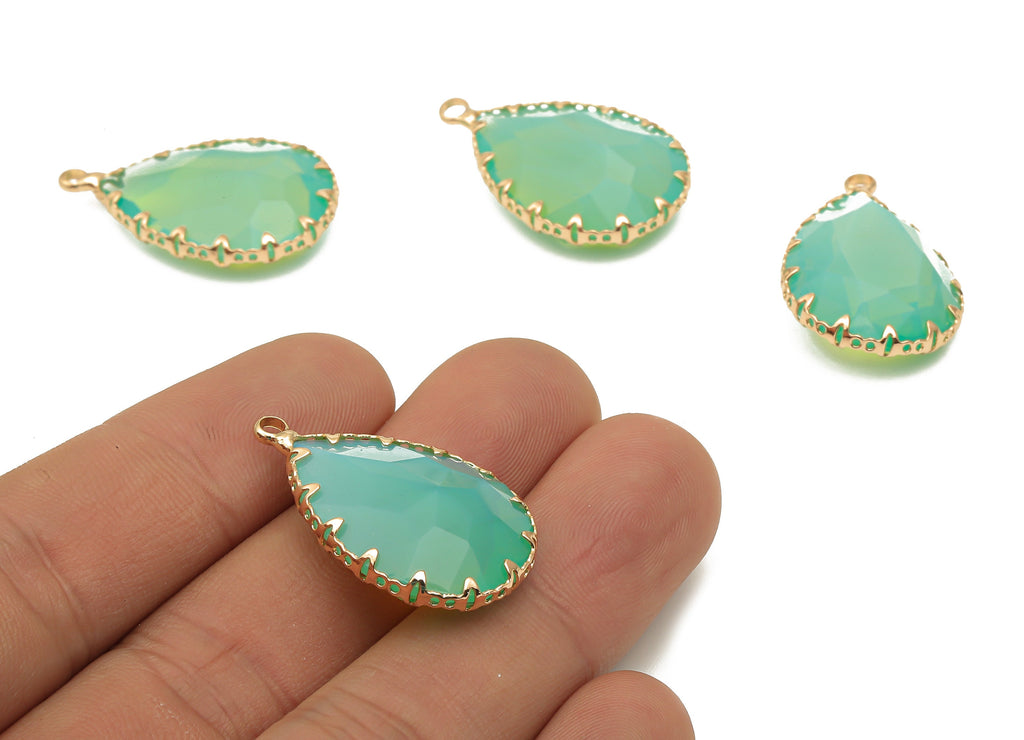 Green Faceted Crystal Glass Teardrop Earring Charms - Diamond Drop Cut Pendant with Gold Plated Brass Frame -30.6x18.8x9.32mm - GS1151B - DOMEDBAZAAR