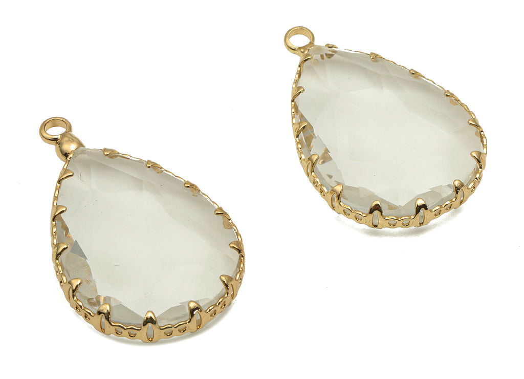 Faceted Teardrop Clear Crystal Pendants Charm - Drop Glass Earring Charms - Gold Tone Plated Brass - Modern Jewelry-30.6x18.8x9.32mm-GS1151C - DOMEDBAZAAR