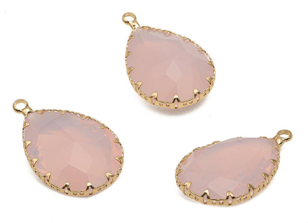 Pink Water Drop Glass Earring Charms - Peach Pink Teardrop Pendant - Gold Tone Plated Brass Filigree Frame -30.6x18.8x9.32mm- GS1151E - DOMEDBAZAAR