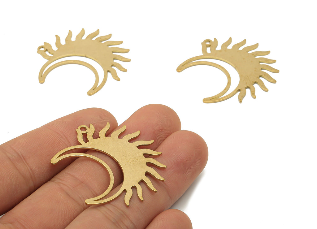 Raw Brass Sun Crescent Moon Earring Charms - Brass Sun and Moon Cutout Charms - Laser Cut Celestial Pendant -38.03x35.96x0.7mm - PPA4012 - DOMEDBAZAAR
