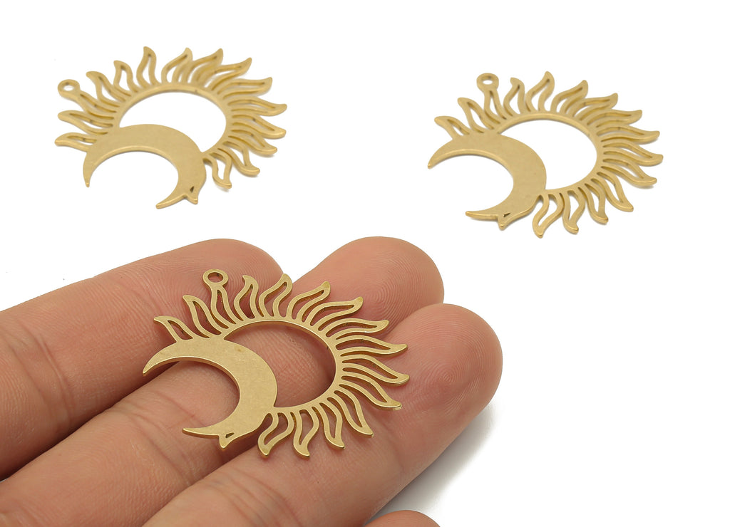 Raw Brass Sun Crescent Moon Earring Charms - Brass Sun and Moon Cutout Charms - Laser Cut Celestial Pendant -37.71x35.62x0.72mm - PPA4021 - DOMEDBAZAAR