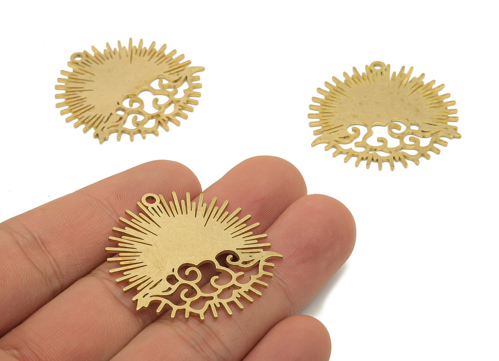 Brass Sun with Cloud Charm - Raw Brass Round Sun After Storm Cutout Charm - Laser Cut Celestial Sunshine Charm - 35.88x35.07x0.9mm - PPA4231 - DOMEDBAZAAR