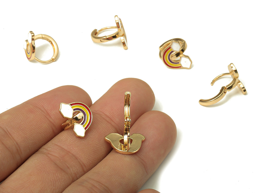 Brass Round Gold Rainbow Earring Hoops - Circle Enamel Rainbow Clouds Arch Earring Clasp - 18K Real Gold Plating - 14.4x11.6x2.2mm - RGP5220 - DOMEDBAZAAR