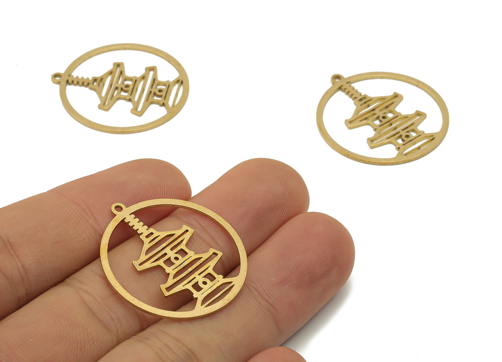 Brass Round Charm - Raw Brass Chinese Temple Cutout Earring Charm - Laser Cut Pendant - Jewelry Making Supplies - 29.8x27.51x0.84mm- PPA4463 - DOMEDBAZAAR