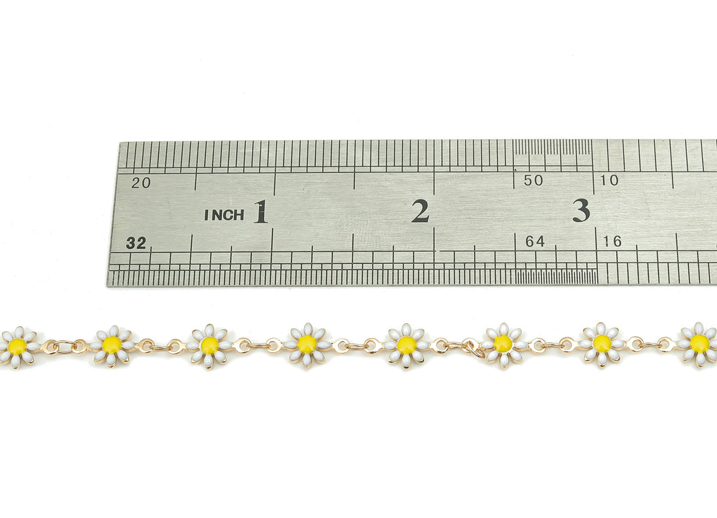 Enamel Flower Chains - Brass Daisy Chain - Floral Link Chain Findings - 18K Real Gold Plated Brass - 12.65x7.33x1.76mm - RGP4734 - DOMEDBAZAAR