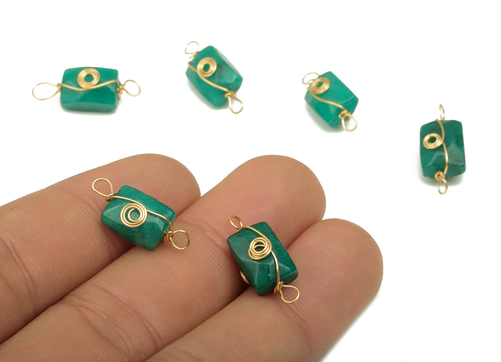 Green Jade Earring Connector - Brass Wire Wrapped Rectangle Pendant - Faceted Natural Stone - Gold Tone Plating - 19.9x7.44x7.01mm - NS1863D - DOMEDBAZAAR