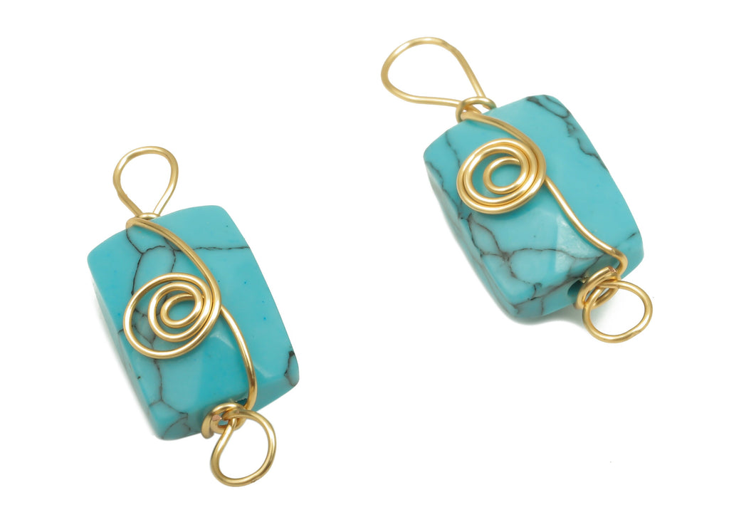 Turquoise Earring Connector - Brass Wire Wrapped Rectangle Pendant - Faceted Natural Stone - Gold Tone Plating - 19.85x7.44x7.01mm - NS1863E - DOMEDBAZAAR