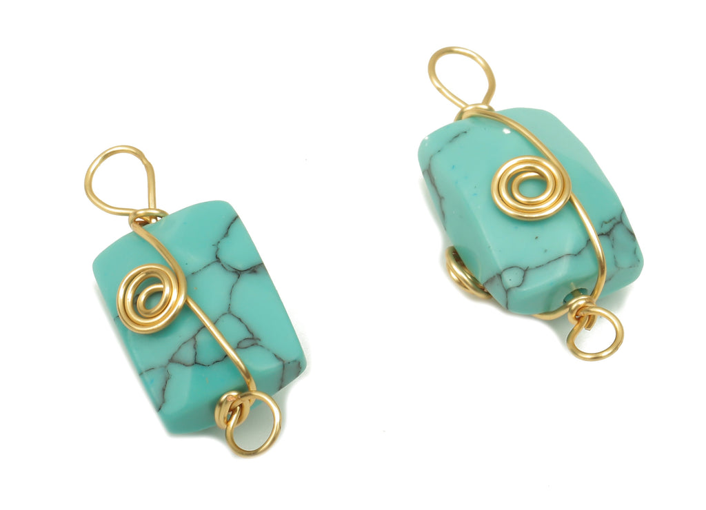 Blue Jade Earring Connector - Brass Wire Wrapped Rectangle Pendant - Faceted Natural Stone - Gold Tone Plating - 19.85x7.44x7.01mm - NS1863G - DOMEDBAZAAR