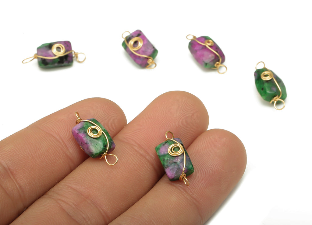 Ruby Zoisite Earring Connector - Brass Wire Wrapped Rectangle Pendant - Faceted Natural Stone - Gold Tone Plating - 19.9x7.4x7mm - NS1863H - DOMEDBAZAAR