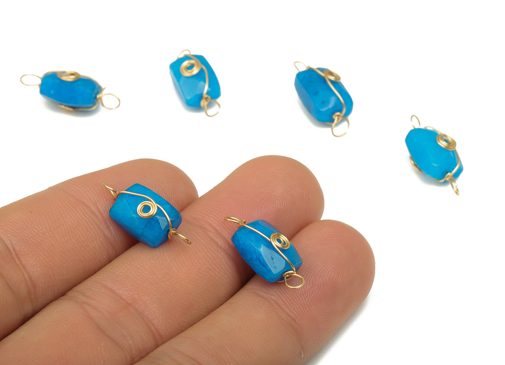 Blue Jade Earring Connector - Brass Wire Wrapped Rectangle Pendant - Faceted Natural Stone - Gold Tone Plating - 19.85x7.44x7.01mm - NS1863K - DOMEDBAZAAR