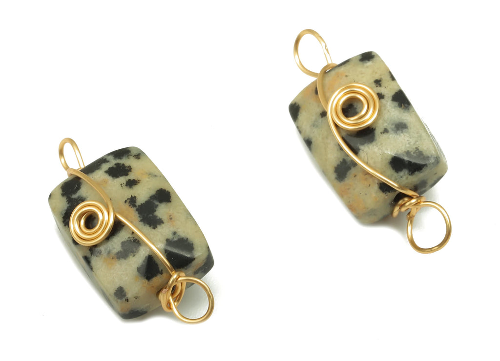 Dalmatian Earring Connector - Brass Wire Wrapped Rectangle Pendant - Faceted Natural Stone - Gold Tone Plating - 19.85x7.44x7.01mm - NS1863L - DOMEDBAZAAR