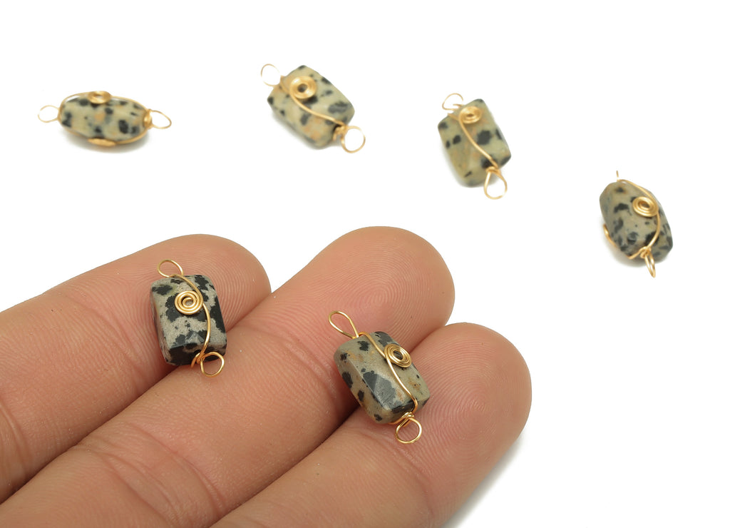 Dalmatian Earring Connector - Brass Wire Wrapped Rectangle Pendant - Faceted Natural Stone - Gold Tone Plating - 19.85x7.44x7.01mm - NS1863L - DOMEDBAZAAR