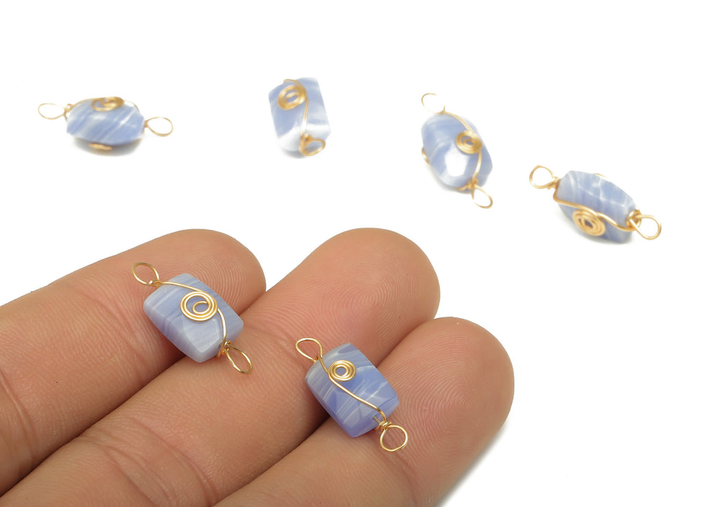 Purple Agate Earrings Connector - Brass Wire Wrapped Rectangle Pendant - Faceted Natural Stone - Gold Tone Plating - 19.9x7.44x7mm - NS1863M - DOMEDBAZAAR