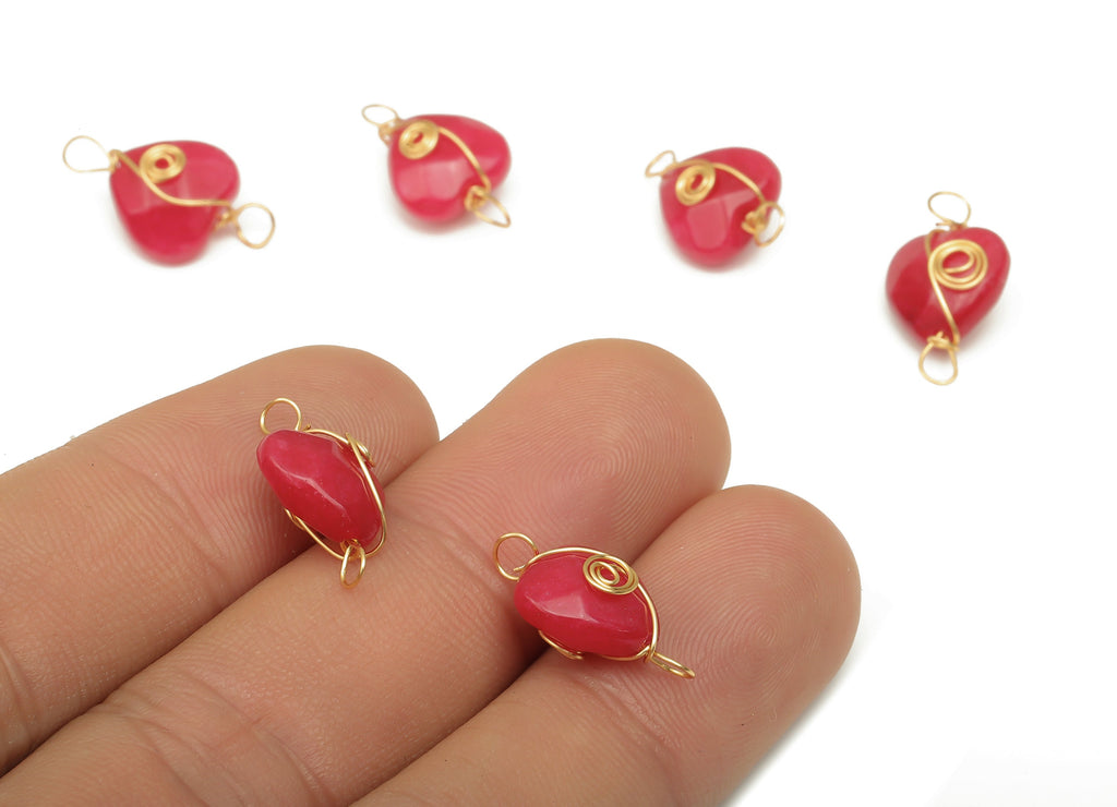 Pink Jade Heart Earring Connector - Brass Wire Wrapped Pendant - Faceted Natural Stone - Gold Tone Plating - 17.22x10.38x6.1mm - NS1864B - DOMEDBAZAAR