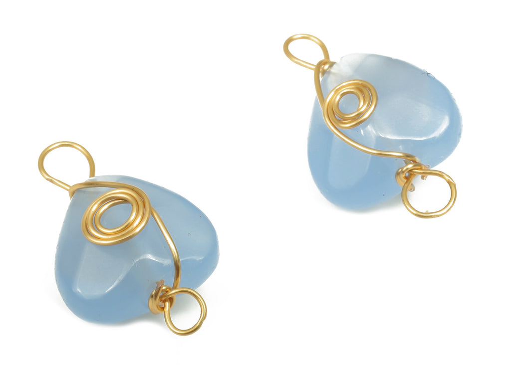 Glass Heart Connector - Brass Wire Wrapped Blue Glass Hearts Charm - Faceted Natural Stone - Gold Tone Plating - 17.22x10.38x6.1mm - NS1864C - DOMEDBAZAAR