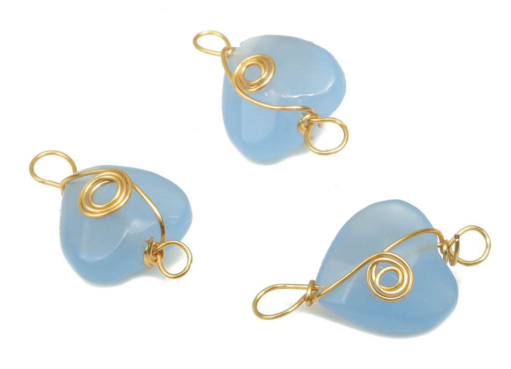 Glass Heart Connector - Brass Wire Wrapped Blue Glass Hearts Charm - Faceted Natural Stone - Gold Tone Plating - 17.22x10.38x6.1mm - NS1864C - DOMEDBAZAAR