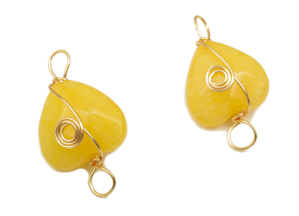 Yellow Jade Heart Earring Connector - Brass Wire Wrapped Pendant - Faceted Natural Stone - Gold Tone Plating - 17.22x10.38x6.1mm - NS1864L - DOMEDBAZAAR
