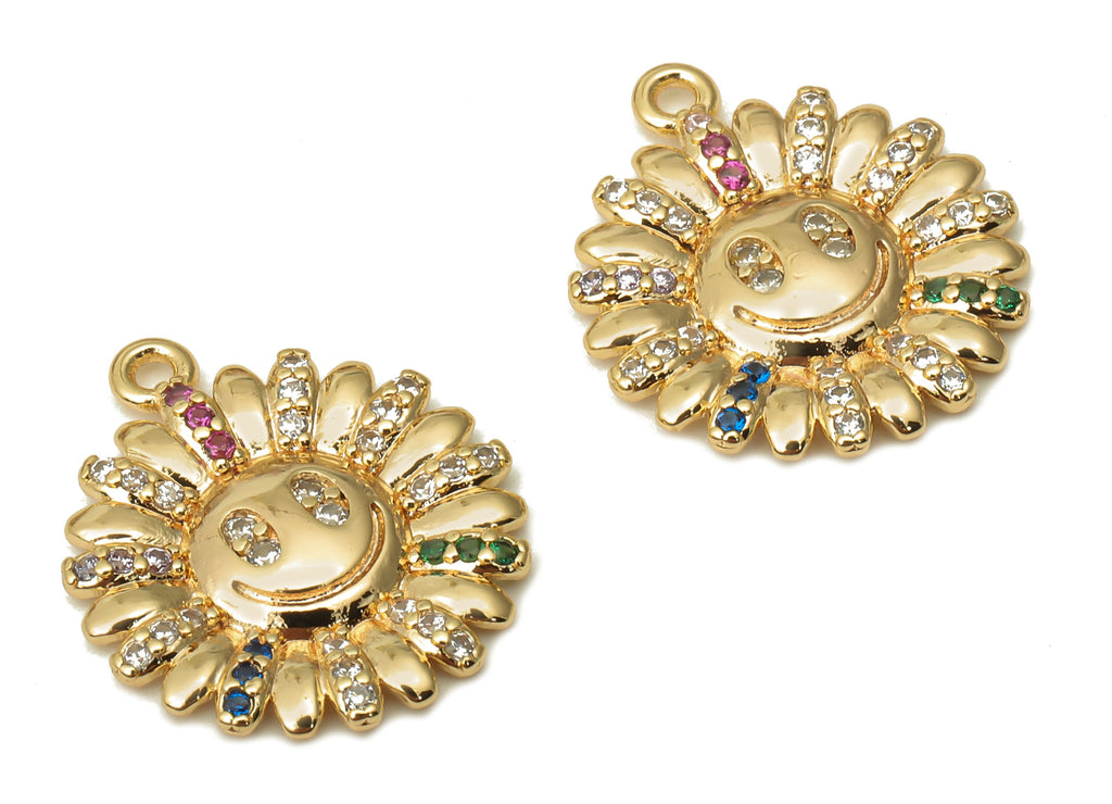 Brass Flower Happy Face Earrings Charms With Zircon - Brass Flower Smile Pendant - 18k Real Gold Plated Brass - 18.8x16.29x1.97mm - RGP5087 - DOMEDBAZAAR