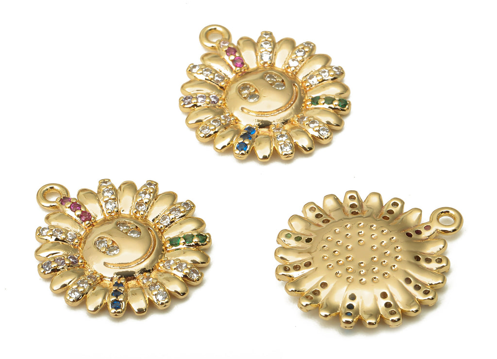 Brass Flower Happy Face Earrings Charms With Zircon - Brass Flower Smile Pendant - 18k Real Gold Plated Brass - 18.8x16.29x1.97mm - RGP5087 - DOMEDBAZAAR