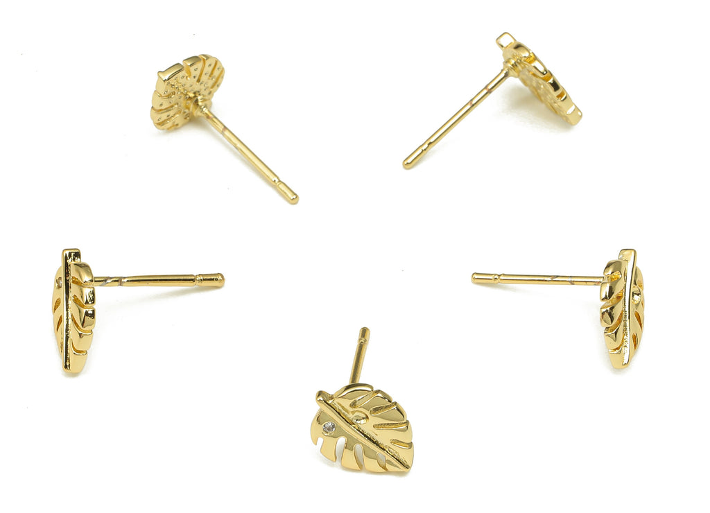 Brass Leaf Earring Post - Gold Leaf Monstera Earring Stud - Stainless Steel Stud - 18K Real Gold Plating - 9.52x7.46x1.16mm - RGP5237 - DOMEDBAZAAR