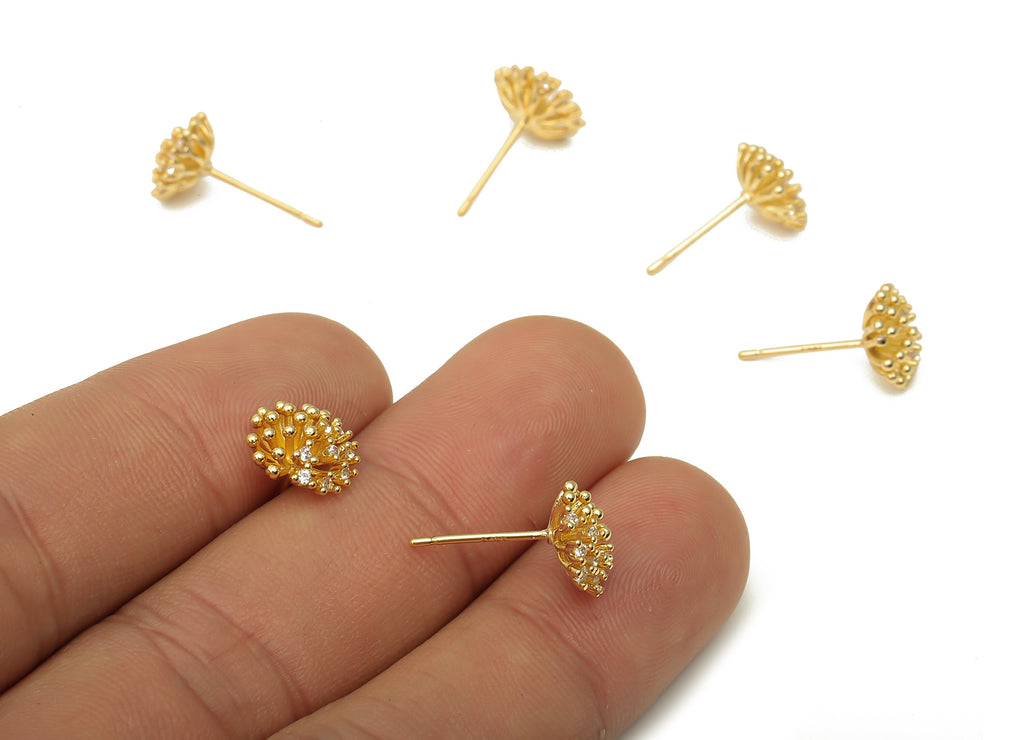 Brass Mini Coral Earring Post with Zircon - Gold Coral Earring Stud - 18K Real Gold Plating - 925 Silver Stud - 10.05x10.05x5.02mm - RGP5141 - DOMEDBAZAAR