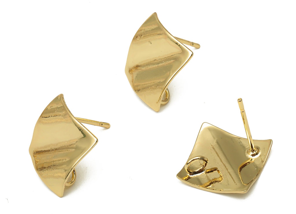 Brass Square Wavy Earring Post - Wave Earring Stud With Loop - Stainless Steel Stud - 18K Real Gold Plating - 12.56x12.56x1.1mm - RGP5157 - DOMEDBAZAAR