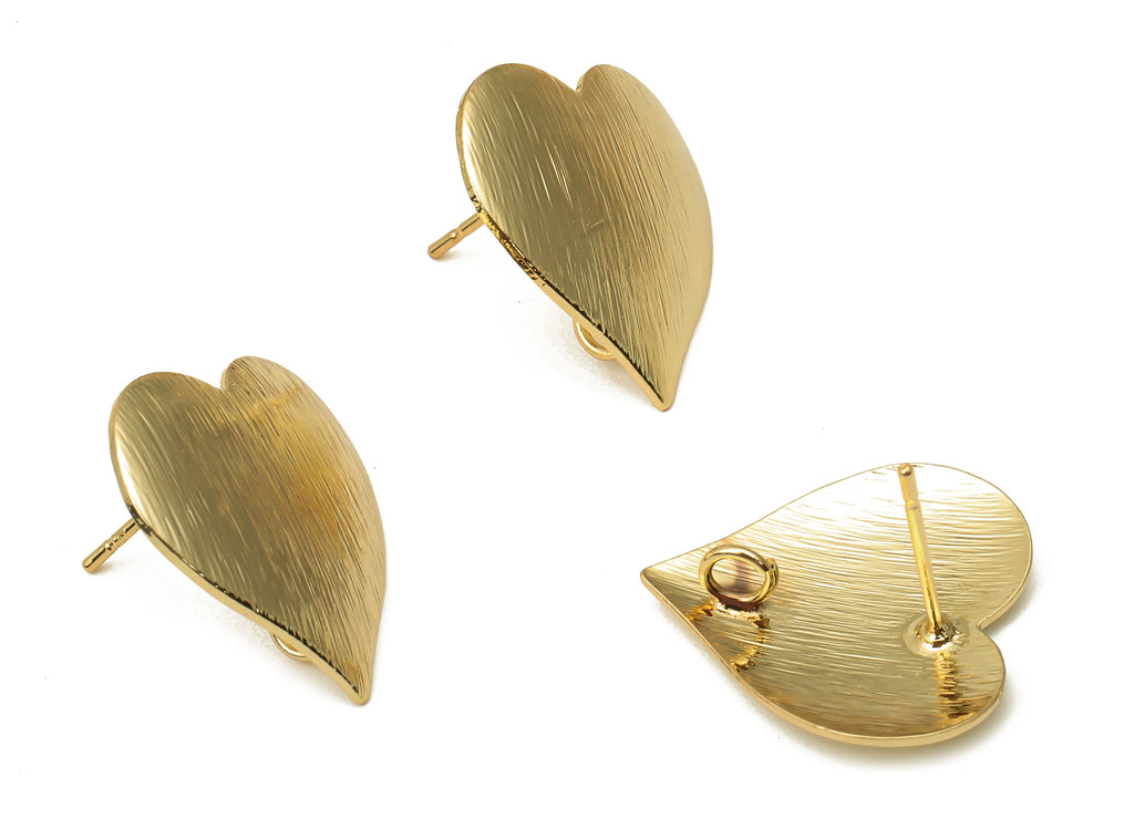 Brass Heart Earrings Post - Textured Curved Heart Earring With Loop - Stainless Steel Stud - 18K Real Gold Plating -19.6x19.2x1.4mm -RGP5168 - DOMEDBAZAAR