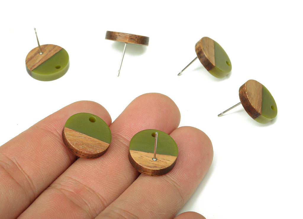 Natural Wooden Round Earring Stud - Walnut Wood Green Resin Circle Earring Post - 316 Stainless Steel Stud - 15.05x15.05x3.11mm - BB1250B - DOMEDBAZAAR