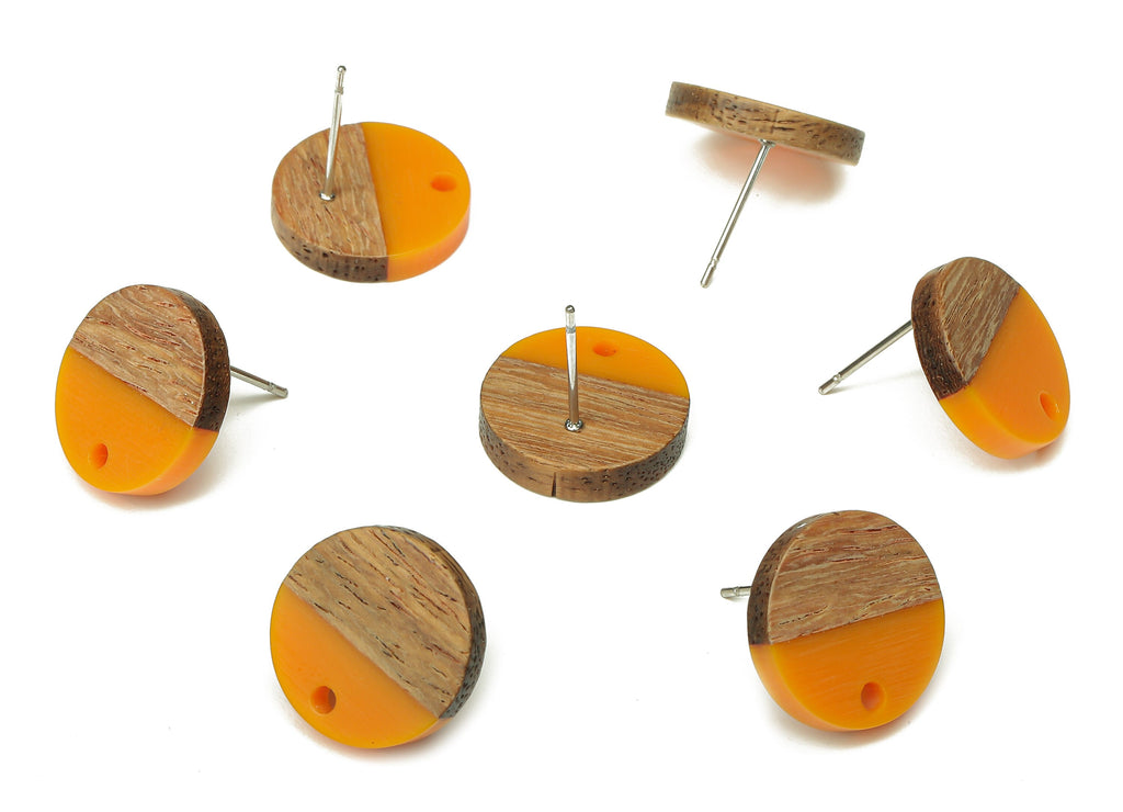 Natural Wooden Round Earring Stud - Walnut Wood Orange Resin Circle Earring Post - 316 Stainless Steel Stud - 15.05x15.05x3.11mm - BB1250D - DOMEDBAZAAR