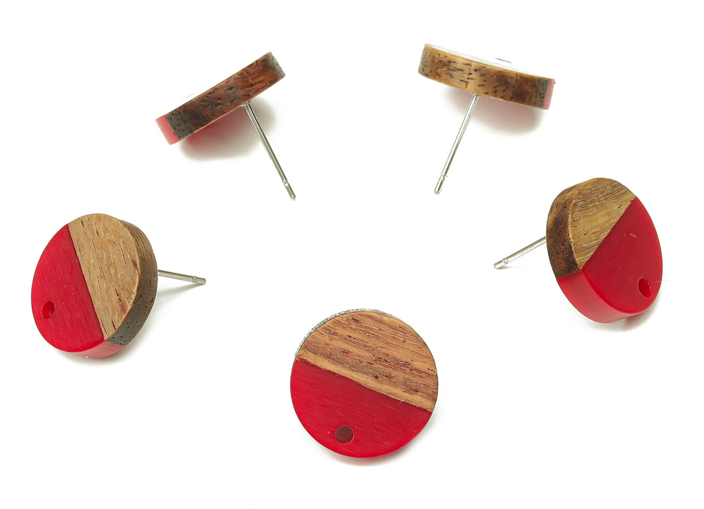 Natural Wooden Round Earring Stud - Walnut Wood Red Resin Circle Earring Post - 316 Stainless Steel Stud - 15.05x15.05x3.11mm - BB1250F - DOMEDBAZAAR